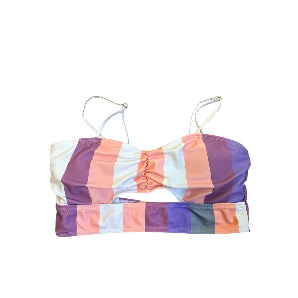 Striped Cutout Bandeau Bikini Top Purple Peach White Medium Adjustable Straps